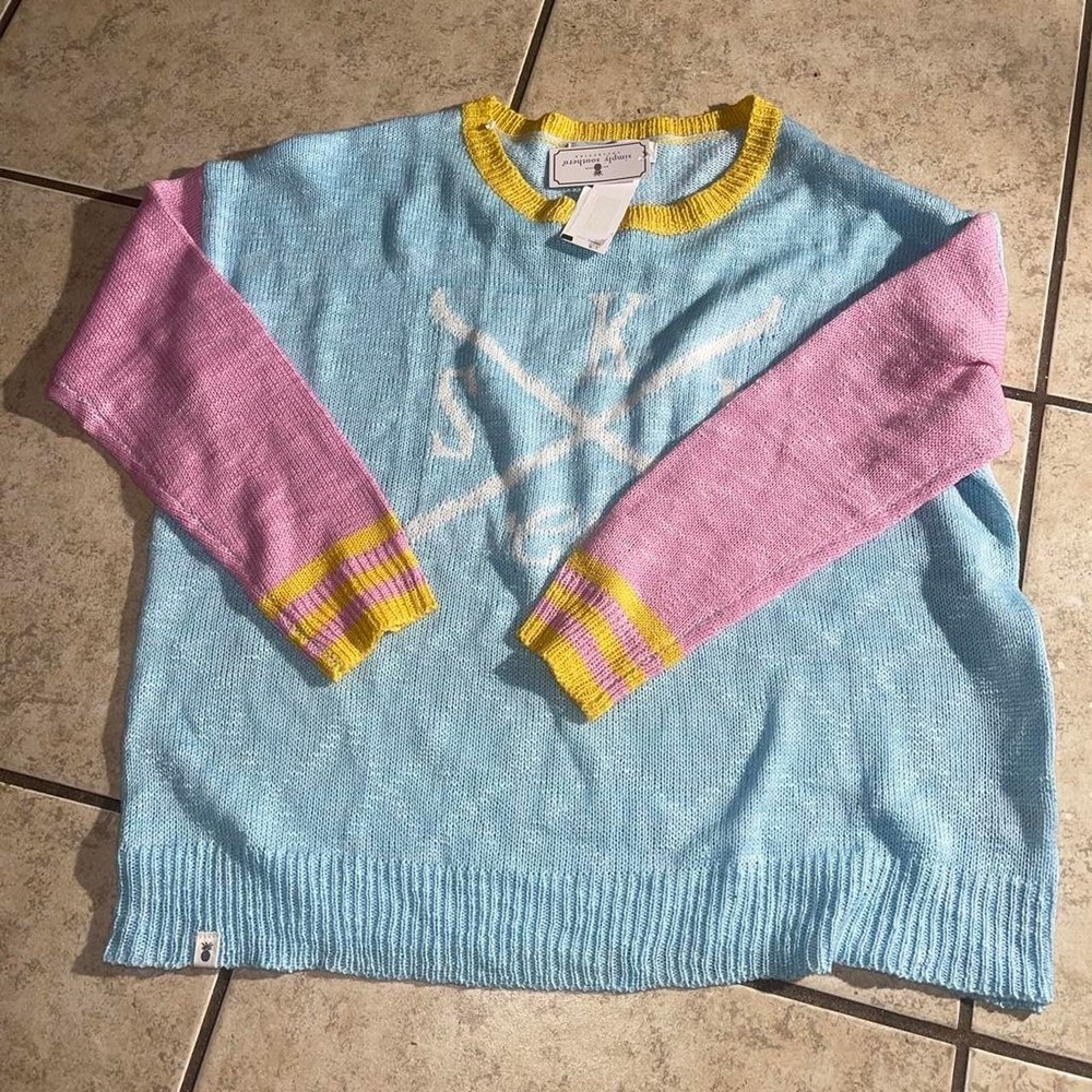 Simply Southern Colorblock Graphic Striped Sweater Blue Pink Yellow L/XL NWT